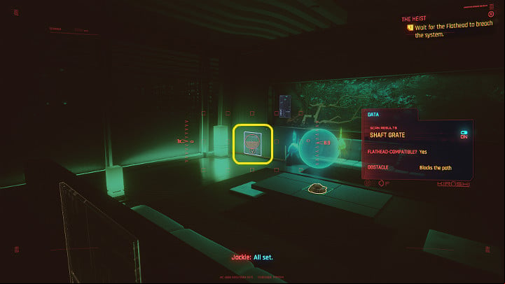 Turn on the scanner and find the entrance to the shaft to let Flathead in - Cyberpunk 2077: The Heist walkthrough - Act 1 - Cyberpunk 2077 Guide