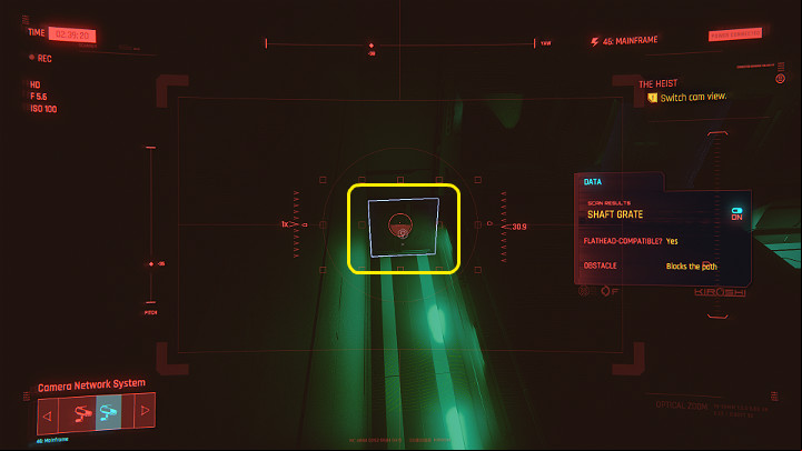 Once you have switched to the view from the netrunner room, scan the ventilation shaft, which is located on the left, in the corner of the room, and then switch to the view from the second camera (security room) - Cyberpunk 2077: The Heist walkthrough - Act 1 - Cyberpunk 2077 Guide