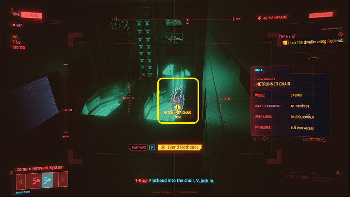 All that remains is to connect Flathead to netrunner's chair and T-Bug's daemon (virus) to neutralize it - Cyberpunk 2077: The Heist walkthrough - Act 1 - Cyberpunk 2077 Guide