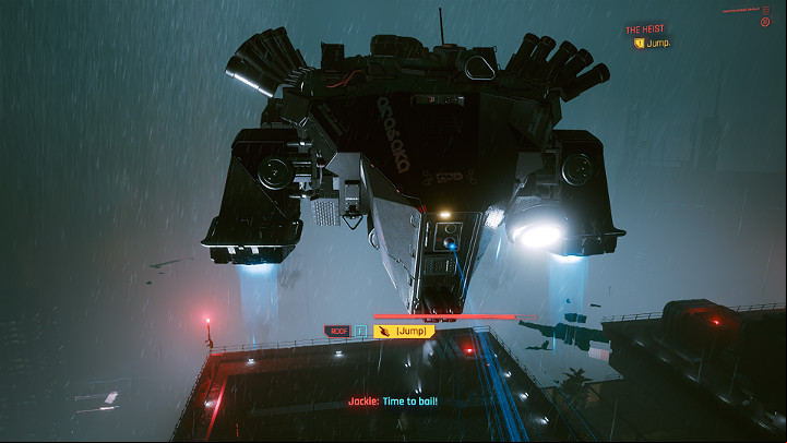 When your presence is detected, you have to jump off the building to save your lives - Cyberpunk 2077: The Heist walkthrough - Act 1 - Cyberpunk 2077 Guide