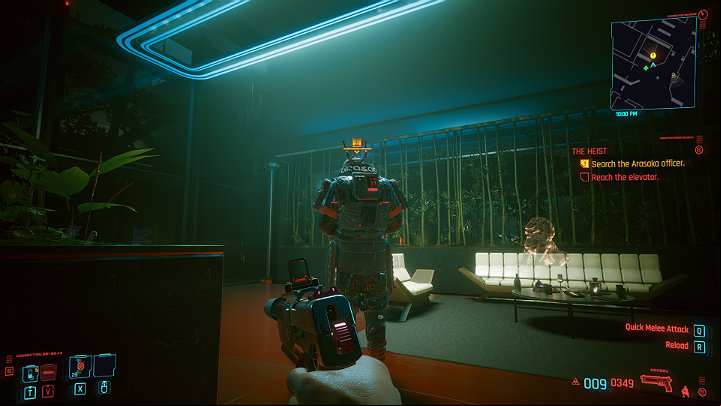 Now you can sneak up on the first opponent and eliminate him when he is not looking in your direction - Cyberpunk 2077: The Heist walkthrough - Act 1 - Cyberpunk 2077 Guide