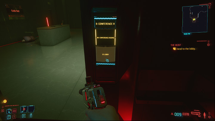 to search the commander, then go with Jackie to the elevator and go down to the lobby - Cyberpunk 2077: The Heist walkthrough - Act 1 - Cyberpunk 2077 Guide