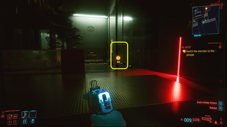 When the guards patrolling the area by the elevator start to go left, this is your chance to get to the elevator without fighting - Cyberpunk 2077: The Heist walkthrough - Act 1 - Cyberpunk 2077 Guide