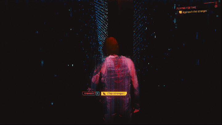 You will see a digital environment in which you will notice a red figure that resembles Johnny Silverhand - Cyberpunk 2077: Playing for Time walkthrough - Act 2 - Cyberpunk 2077 Guide