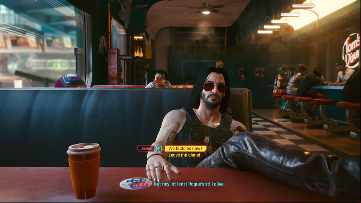 After a long conversation, Takemura will leave the restaurant and Johnny will take his place - Cyberpunk 2077: Playing for Time walkthrough - Act 2 - Cyberpunk 2077 Guide