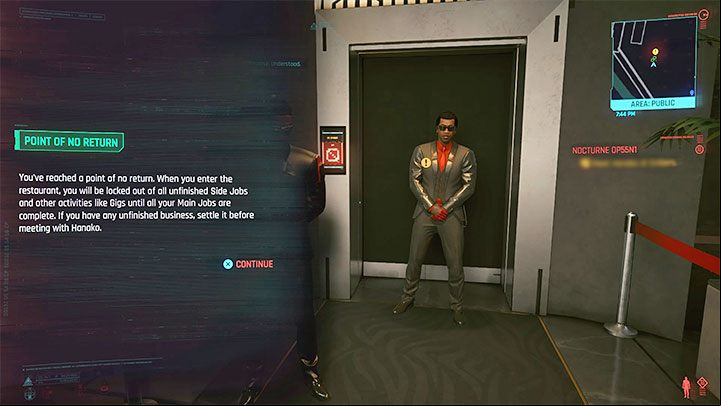 The point of no return happens exactly when you approach the elevator leading to the restaurant - Cyberpunk 2077: Is there point of no return? - Campaign - Cyberpunk 2077 Guide