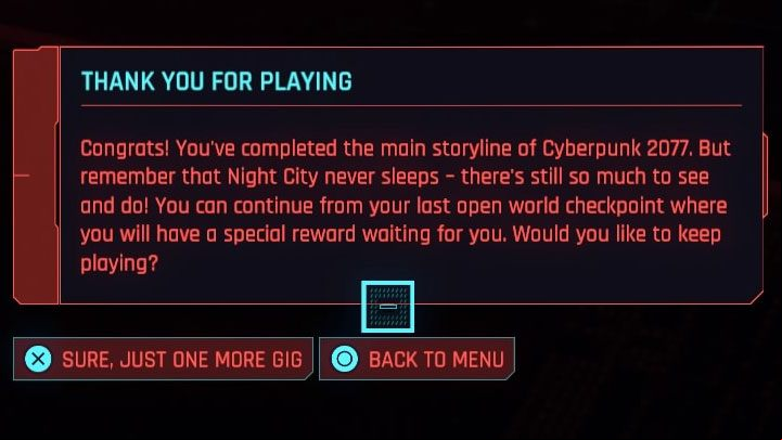 Regardless of the ending you chose, the credits will play afterwards - Cyberpunk 2077: Is there point of no return? - Campaign - Cyberpunk 2077 Guide