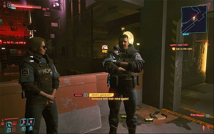 The police officers are Mendez and Petrova - you can talk to them to learn about Barry - Cyberpunk 2077: Happy Together walkthrough - Exploration - Cyberpunk 2077 Guide