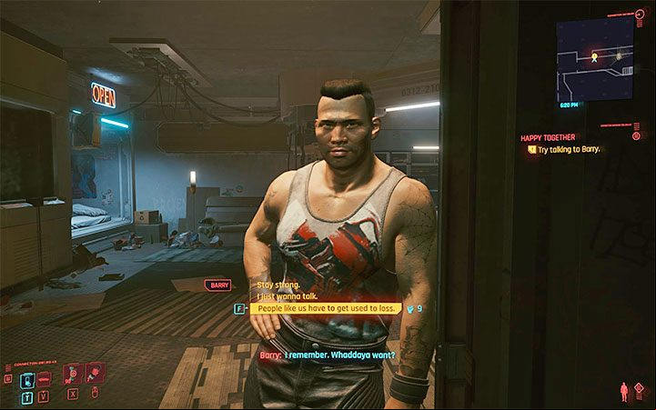 Busy yourself with other activities and return to Barry's apartment after about three hours in the game world - this time Barry will open the door and invite you inside - Cyberpunk 2077: Happy Together walkthrough - Exploration - Cyberpunk 2077 Guide