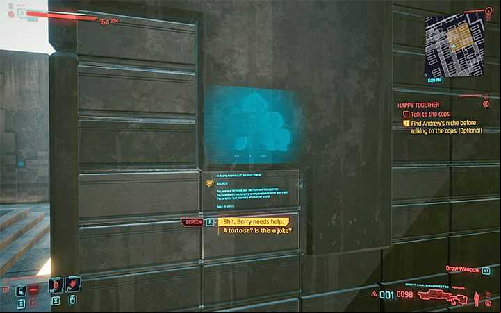 You will receive an optional quest goal to visit the columbarium, which is a sort of cemetery equivalent - Cyberpunk 2077: Happy Together walkthrough - Exploration - Cyberpunk 2077 Guide