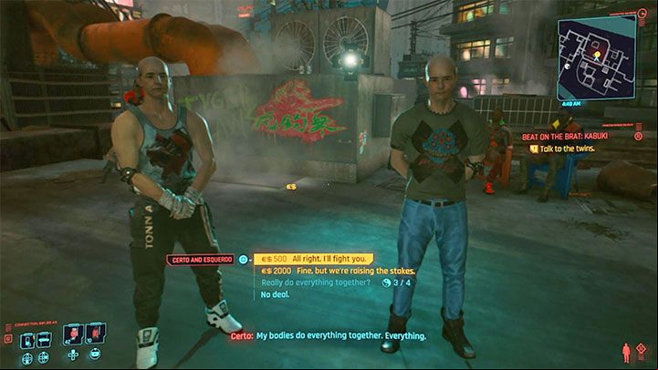 Talk to Certo and Esquerdo to find out that you have to fight them simultaneously - this will be a two-on-one fight - Cyberpunk 2077: How to beat The Kabuki Twins / champions? - Bosses - Cyberpunk 2077 Guide