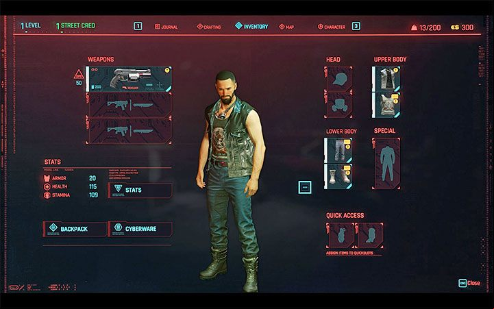 The equipment has a separate tab in the pause menu - Cyberpunk 2077: Equipment - Basics - Cyberpunk 2077 Guide