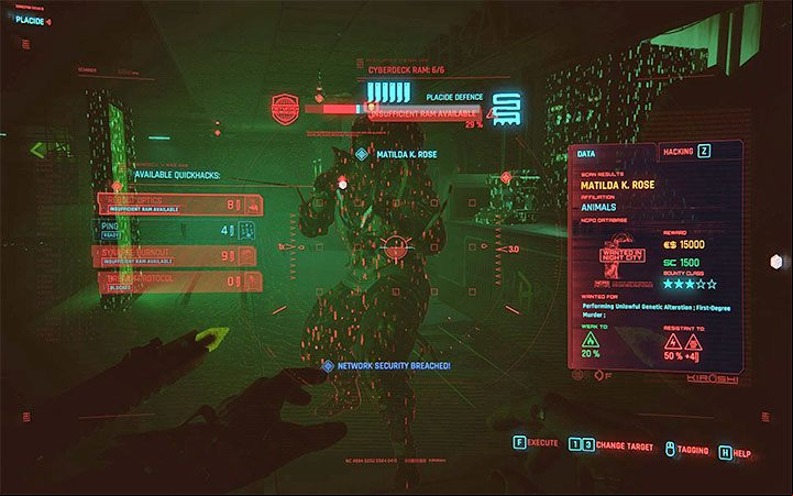 Sasquatch won't notice V right away– use this chance to scan her and check the available hacks - Cyberpunk 2077: How to beat Sasquatch? - Bosses - Cyberpunk 2077 Guide