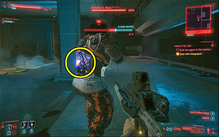 The weak point on Sasquatch's body is the purple container on her back - attack it - Cyberpunk 2077: How to beat Sasquatch? - Bosses - Cyberpunk 2077 Guide