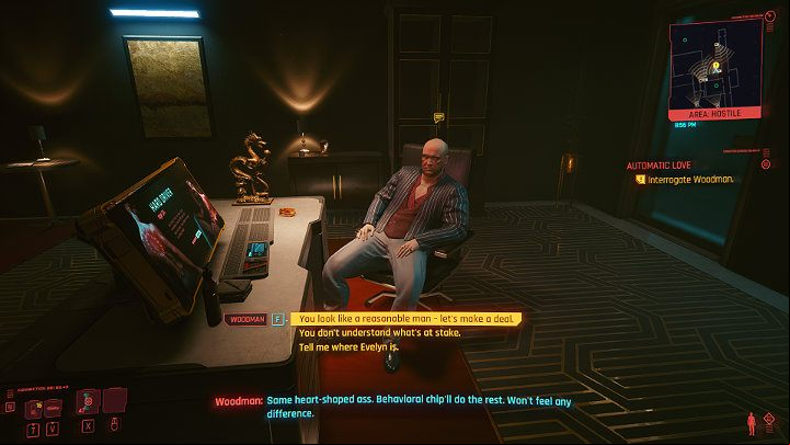 If your character has a high Intelligence attribute, if you have previously examined booth number 11 and/or read the messages from the computer in the control room, you can make an agreement with the club boss - Cyberpunk 2077: How to interrogate Woodman? - Act 2 - Cyberpunk 2077 Guide