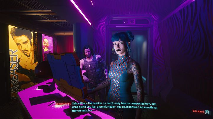 Go straight to the reception desk and connect to the terminal - Cyberpunk 2077: Automatic Love walkthrough - Act 2 - Cyberpunk 2077 Guide