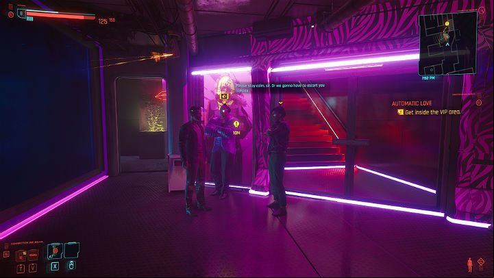 In front of the door to the VIP area, you will see a scene where one of the clients is sent away by two security guards - Cyberpunk 2077: Automatic Love walkthrough - Act 2 - Cyberpunk 2077 Guide