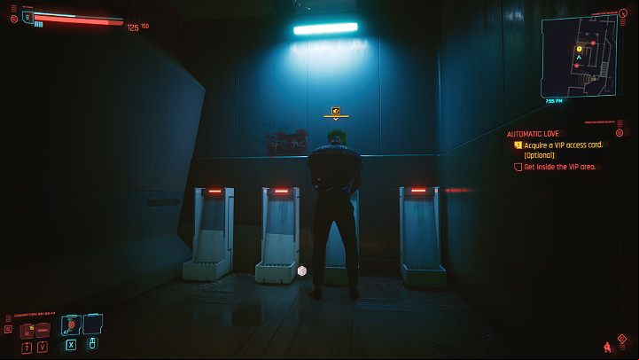 Follow one of the bodyguards to the bathroom and wait until the man starts using the urinal - Cyberpunk 2077: Automatic Love walkthrough - Act 2 - Cyberpunk 2077 Guide