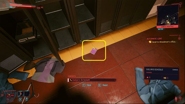 In the room opposite the control room, you will find a locker-room, and in there belongings of Evelyn and weapons - Cyberpunk 2077: Automatic Love walkthrough - Act 2 - Cyberpunk 2077 Guide