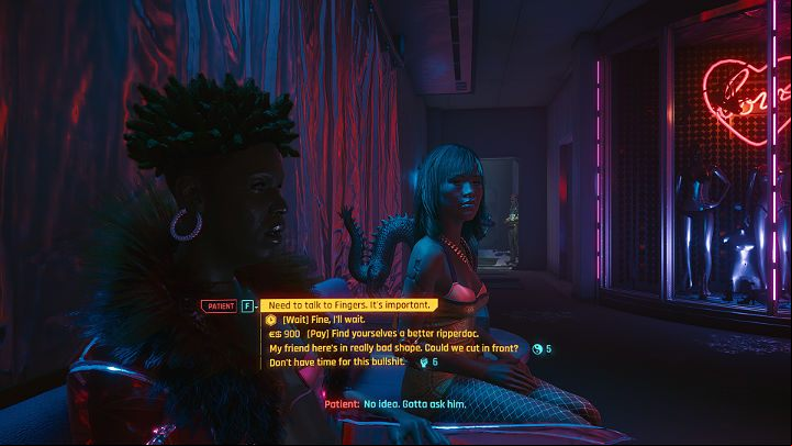 Several other customers are waiting in line for the ripperdoc - Cyberpunk 2077: The Space In Between walkthrough - Act 2 - Cyberpunk 2077 Guide
