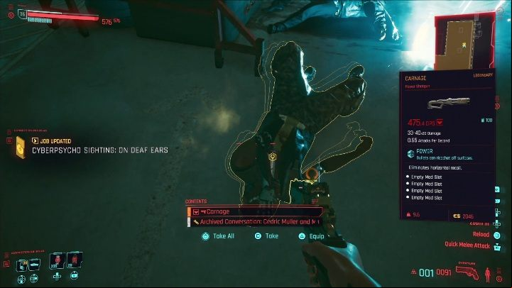 After neutralizing your opponent, get the necessary information: You will find the Shard by searching the target's body and the corpse by the headlights - Cyberpunk 2077: On Deaf Ears - cyberpsycho sighting walkthrough - Cyberpsycho Sighting - mini-bosses - Cyberpunk 2077 Guide