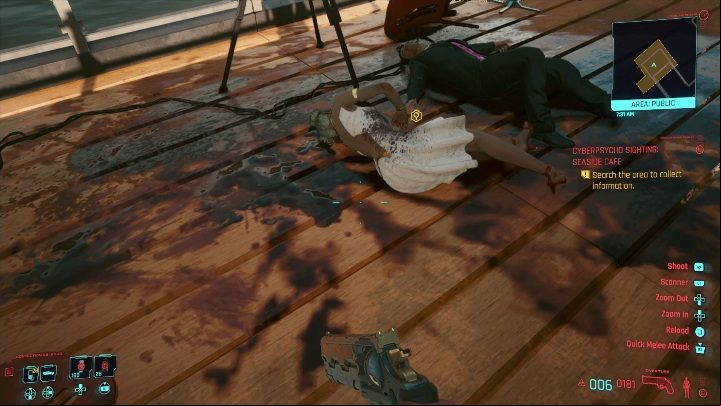 After neutralizing your opponent, get the necessary information: You will find the Shard by searching the target's body and the corpse lying on the terrace - Cyberpunk 2077: Seaside Cafe - cyberpsycho sighting walkthrough - Cyberpsycho Sighting - mini-bosses - Cyberpunk 2077 Guide