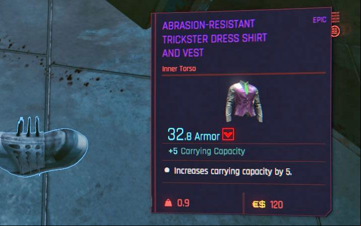 You can also temporarily increase the load capacity limit by wearing appropriate clothing elements - Cyberpunk 2077: How to increase weight capacity? - V - main character - Cyberpunk 2077 Guide