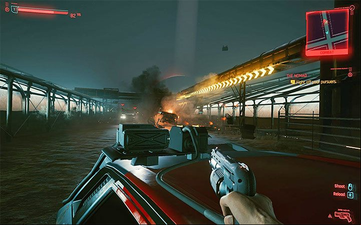 Soon after driving away from the border, hostile vehicles of corporate employees sent by the border guard will appear - Cyberpunk 2077: The Nomad walkthrough - Nomad life path quest - Life path quests - Cyberpunk 2077 Guide