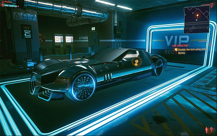 Rayfield Aerondight is parked at the other end of the garage - it is easy to recognize because it occupies an illuminated VIP area - Cyberpunk 2077: The Streetkid walkthrough - Streetkid life path quest - Life path quests - Cyberpunk 2077 Guide