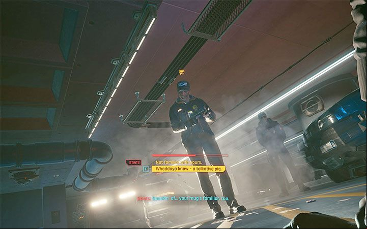 The police will appear in the garage, and a conversation with Inspector Stints, who is in charge, will begin - Cyberpunk 2077: The Streetkid walkthrough - Streetkid life path quest - Life path quests - Cyberpunk 2077 Guide