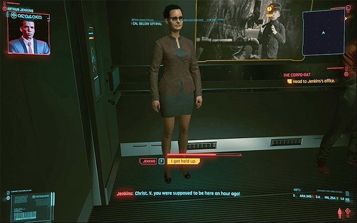 Get out of the bathroom and head towards Jenkins' office, V's superior - Cyberpunk 2077: The Corpo-Rat walkthrough - Corp life path quest - Life path quests - Cyberpunk 2077 Guide