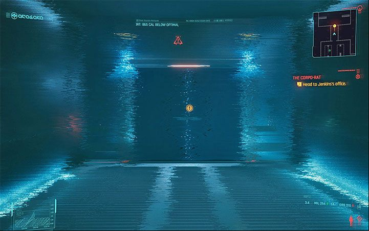 After leaving the elevator, you can either have an optional conversation or head to the office immediately and through a scanner on the way - Cyberpunk 2077: The Corpo-Rat walkthrough - Corp life path quest - Life path quests - Cyberpunk 2077 Guide
