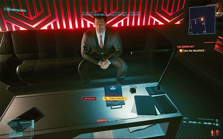 When you get to Jenkins' office, sit in the chair, and wait for the meeting to end - Cyberpunk 2077: The Corpo-Rat walkthrough - Corp life path quest - Life path quests - Cyberpunk 2077 Guide