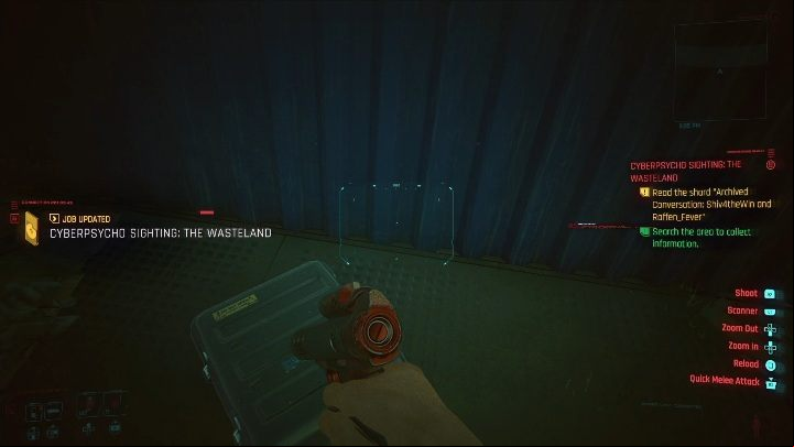 After neutralizing your opponent, get the necessary information: You will find the Shard by searching the main enemy's body and the suitcase located in the blue container - Cyberpunk 2077: The Wasteland - cyberpsycho sighting walkthrough - Cyberpsycho Sighting - mini-bosses - Cyberpunk 2077 Guide