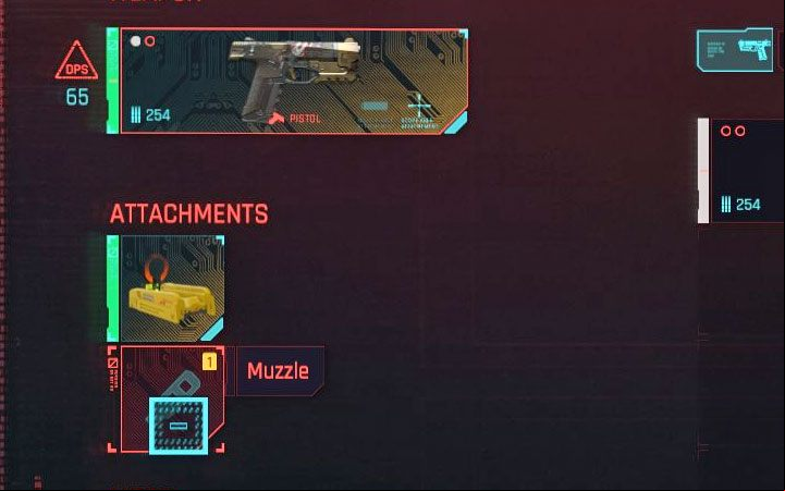 The silencers can only be installed on weapons with an empty slot for muzzle mod (an example shown the picture) - Cyberpunk 2077: How to use and install Silencer for weapons? - Combat, stealth and hacking - Cyberpunk 2077 Guide