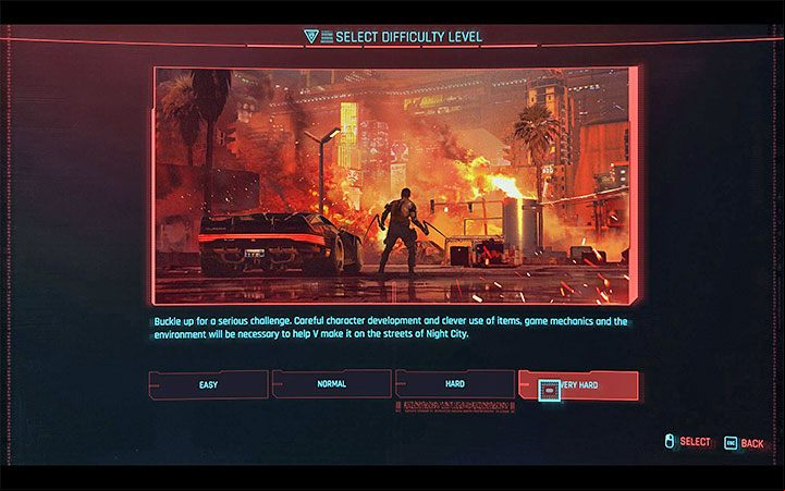 Cyberpunk 2077 has four main difficulty levels - easy, normal, high, and very high - Cyberpunk 2077: Difficulty levels - Basics - Cyberpunk 2077 Guide
