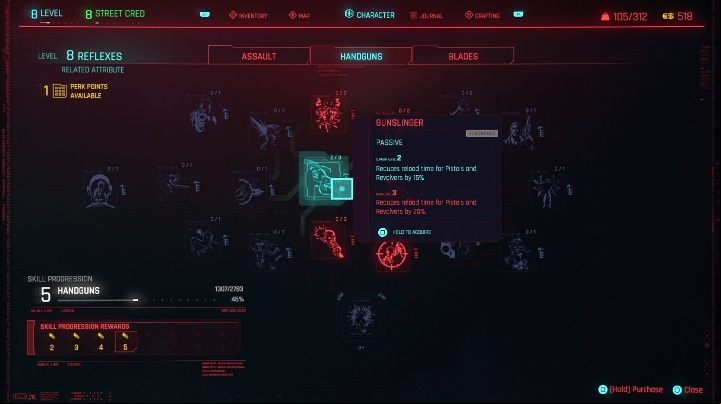 To purchase a given perk, move the cursor over it and press the button/key - Cyberpunk 2077: Character development Guide - Basics - Cyberpunk 2077 Guide