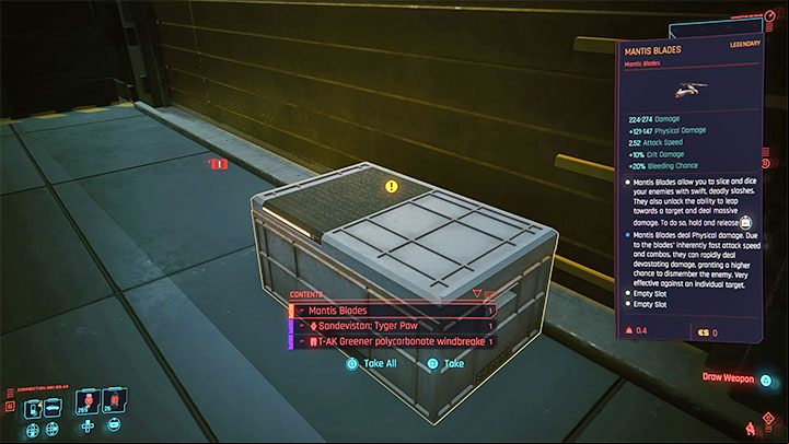 Inside the box, there are, among others, legendary Mantis Blades - Cyberpunk 2077: How to unlock mantis blades? - Cyberware - Cyberpunk 2077 Guide