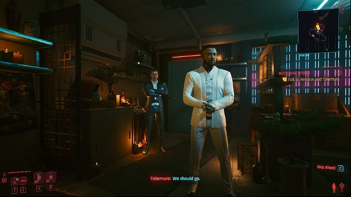 After a while, Hellman and Takemura (if you saved him in the main job Search and Destroy) will appear in the store to take V to the meeting place - Cyberpunk 2077: Nocturne OP55N1 walkthrough - Act 3 - Cyberpunk 2077 Guide