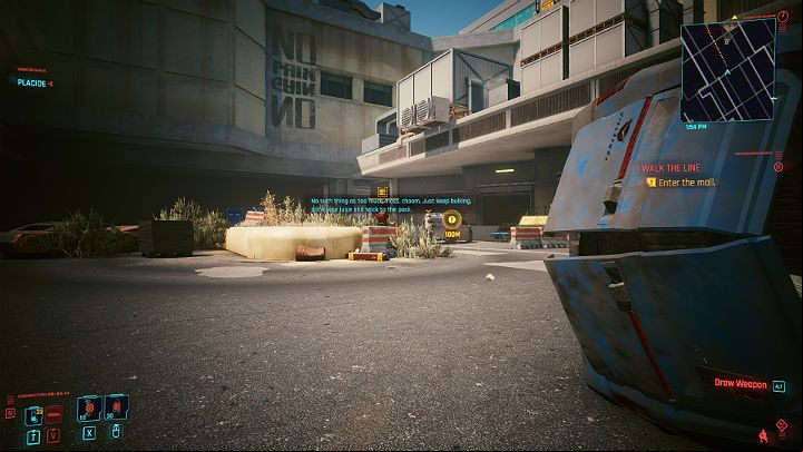 The entrance to the garage is guarded by three Animals, but you don't need to fight them - you can sneak your way towards the entrance, keeping on the left side and finding cover behind objects such as containers, cars and walls - Cyberpunk 2077: I Walk the Line walkthrough - Act 2 - Cyberpunk 2077 Guide