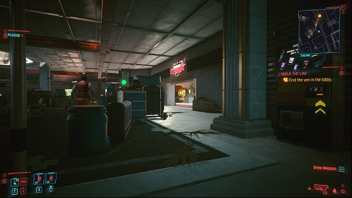 After entering the gym, crouch and, sticking to the right side of the room, sneak towards the atrium - the entrance is to the right - Cyberpunk 2077: I Walk the Line walkthrough - Act 2 - Cyberpunk 2077 Guide