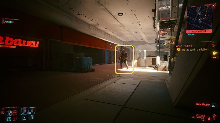 The van mentioned by Placide is located at the end of the atrium - Cyberpunk 2077: I Walk the Line walkthrough - Act 2 - Cyberpunk 2077 Guide