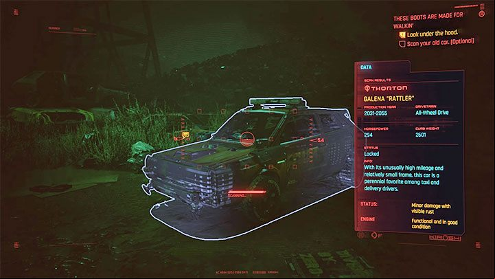 When you get there, start by scanning the car - Cyberpunk 2077: These Boots Are Made for Walkin walkthrough - Exploration - Cyberpunk 2077 Guide