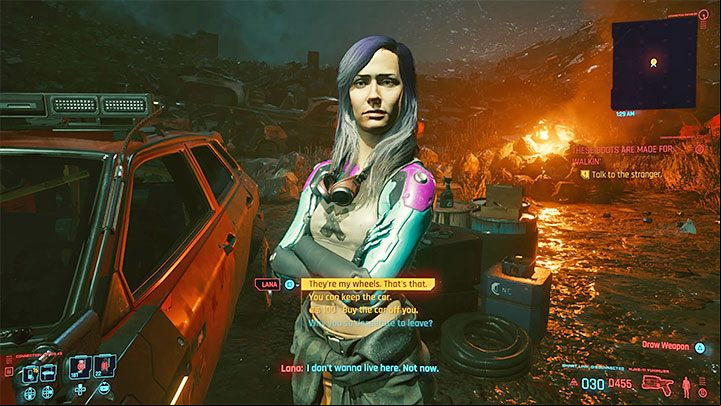 Lana will show up, and she will insist that the car is now her property - Cyberpunk 2077: These Boots Are Made for Walkin walkthrough - Exploration - Cyberpunk 2077 Guide