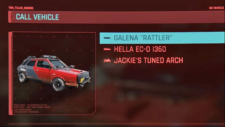 If you chose the second or third variant from the above list, a new car - Galena "Rattler" - will appear on the list of vehicles belonging to V - Cyberpunk 2077: These Boots Are Made for Walkin walkthrough - Exploration - Cyberpunk 2077 Guide