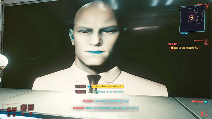 When you get there, talk to the receptionist (AI) on the big screen - Cyberpunk 2077: Tune Up walkthrough - Exploration - Cyberpunk 2077 Guide