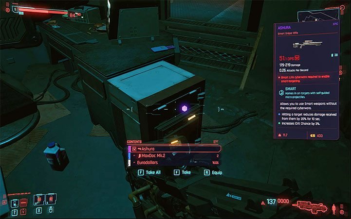 The sniper rifle is in one of the containers - Cyberpunk 2077: How to use smart weapons? - Cyberware - Cyberpunk 2077 Guide