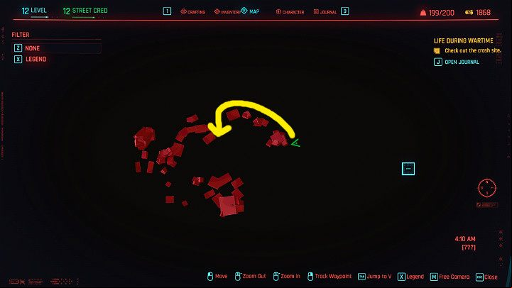 Follow the route shown in the picture above and crouch by the rocks to stay out of sight of droids and drones - Cyberpunk 2077: Life During Wartime walkthrough - Act 2 - Cyberpunk 2077 Guide