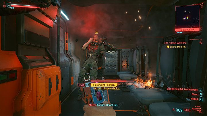 Get in the vehicle and question the pilot who is keeping a gun at Mitch - Cyberpunk 2077: Life During Wartime walkthrough - Act 2 - Cyberpunk 2077 Guide