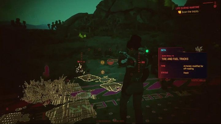 If you have not got information from the pilot, you need to use the scanner and find the tire tracks - Cyberpunk 2077: Life During Wartime walkthrough - Act 2 - Cyberpunk 2077 Guide
